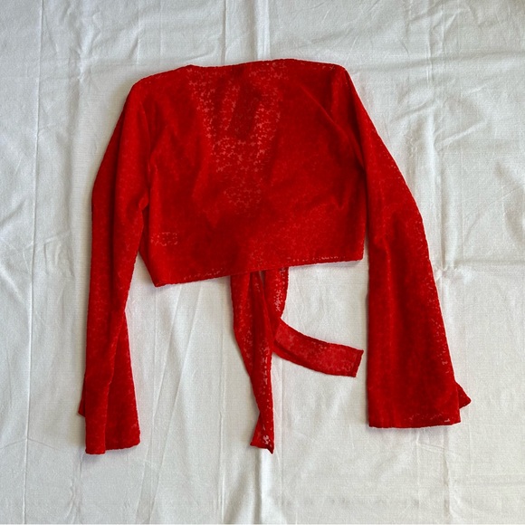Brand New!! Wild Fable | Red Velvet Textured Front Tie Crop Top with Flowers - Picture 6 of 12